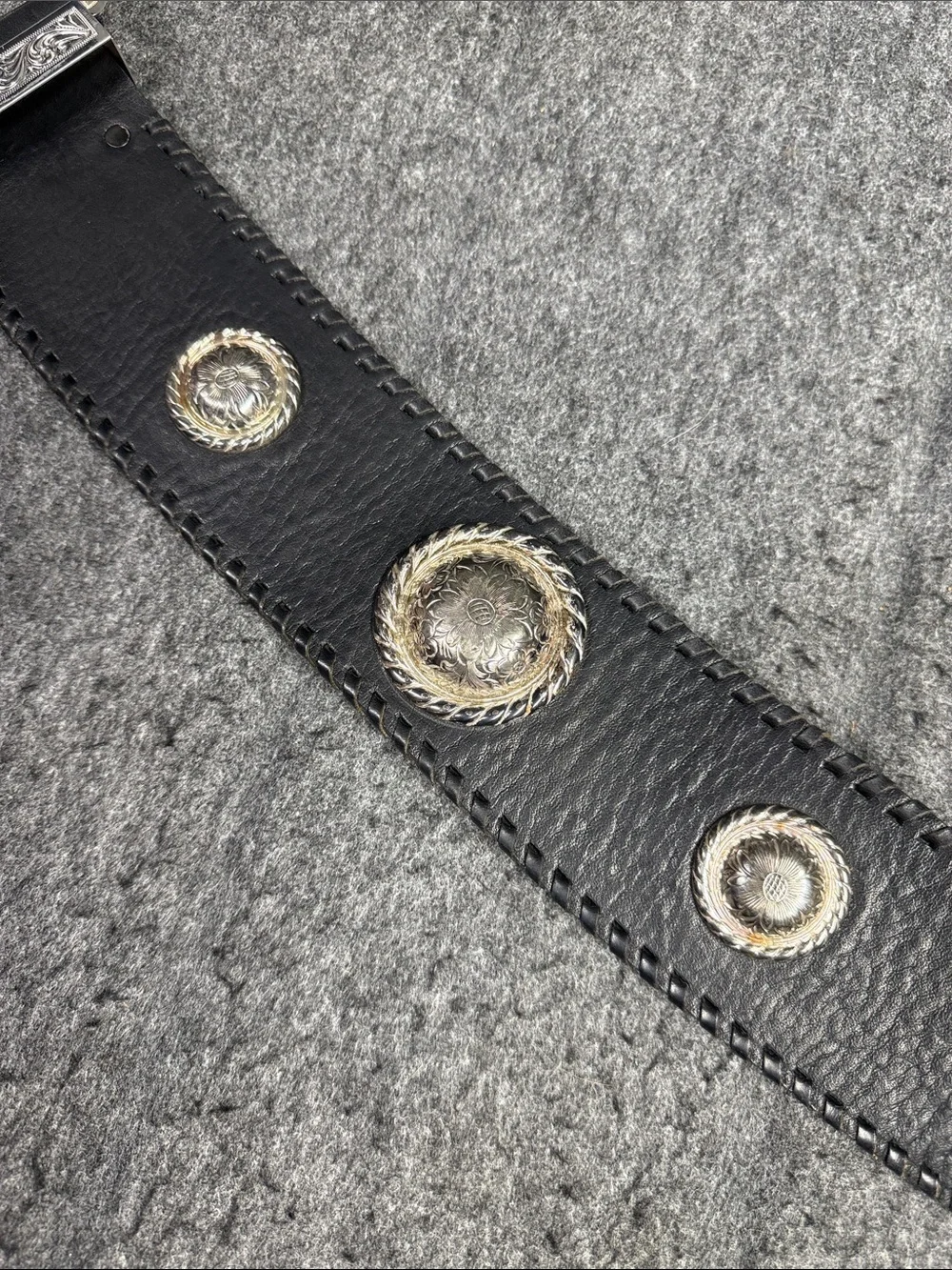 Big AL Vintage Western Black Leather Belt with Silver Engraved Buckle